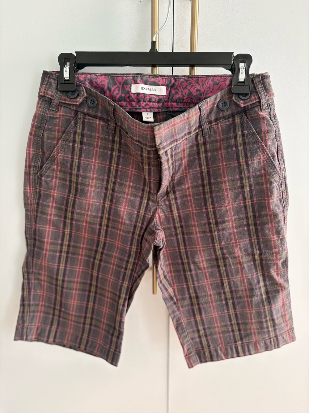 Express Plaid Flat Front Shorts - Pink & Gray